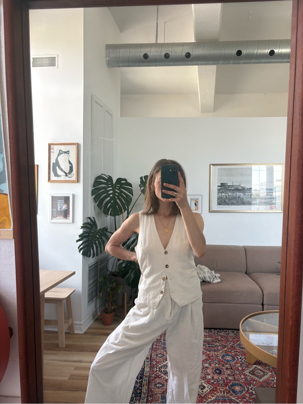 Simons Cream Linen-Blend Wide-Leg Pants with Matching Button Vest